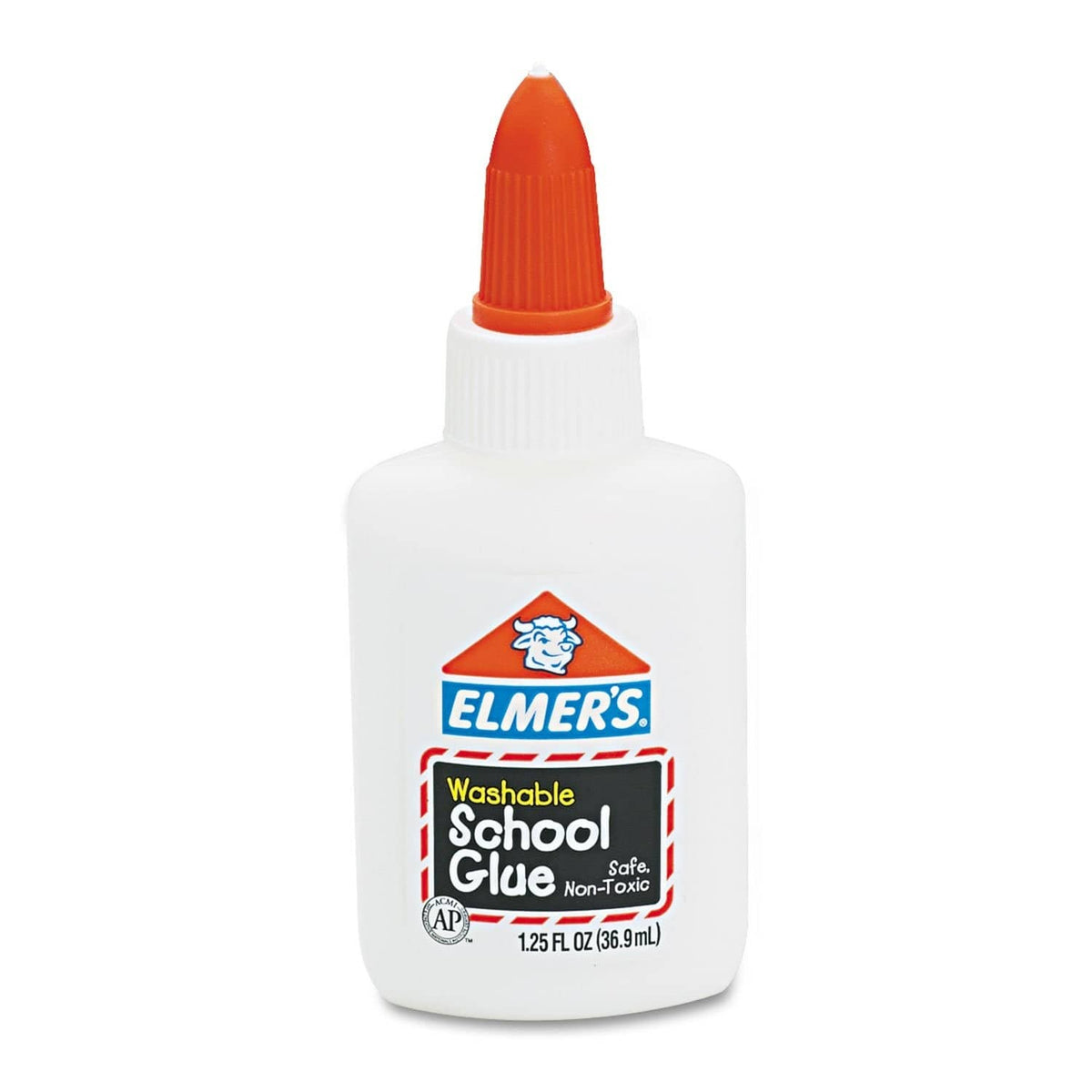 White washable school glue bottle with orange cap and Elmer’s label