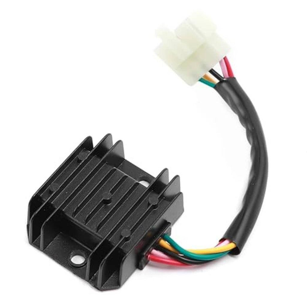 Black voltage regulator rectifier with cooling fins and 5-pin white connector, multicolor leads