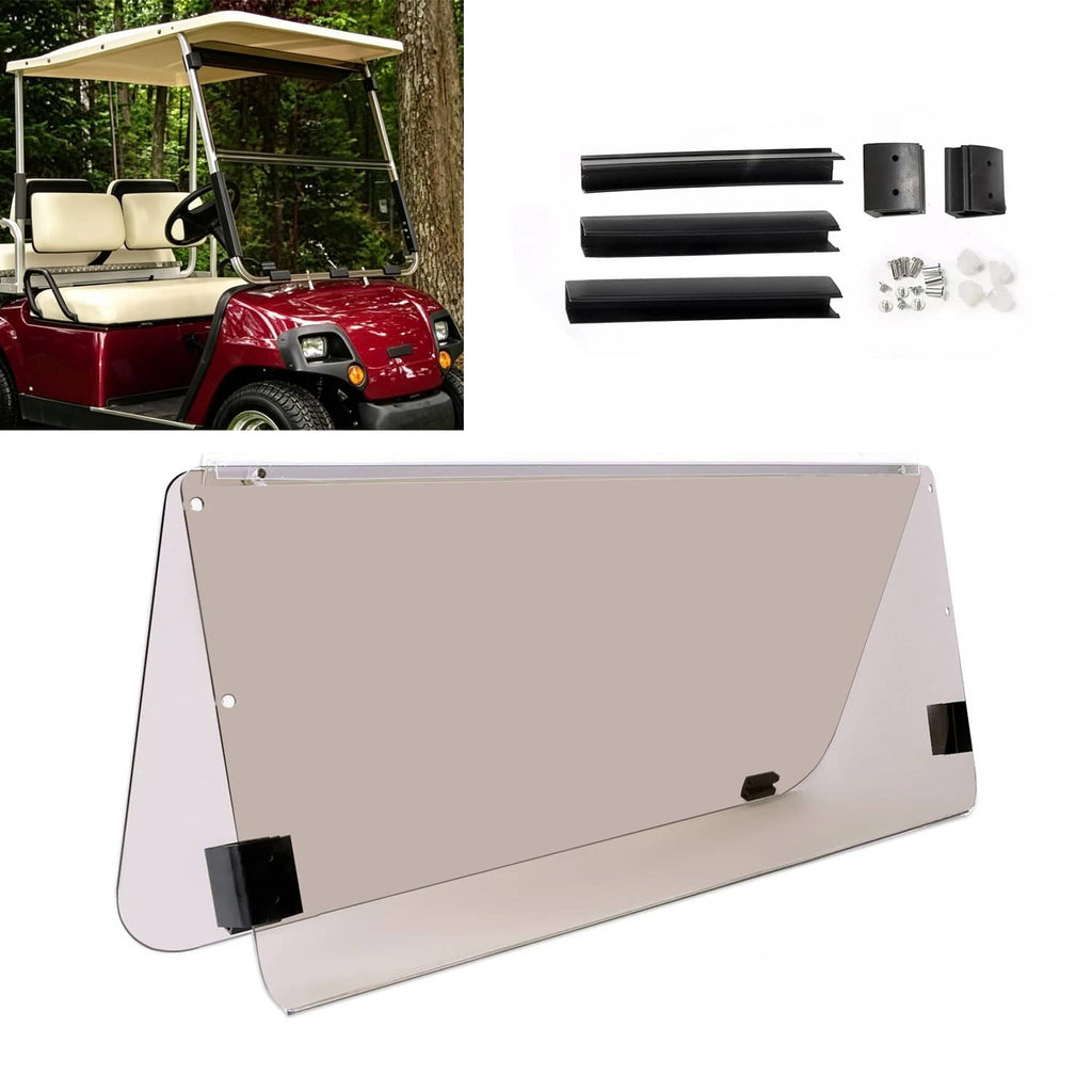 Tinted folding golf cart windshield with clear side panels and mounting brackets