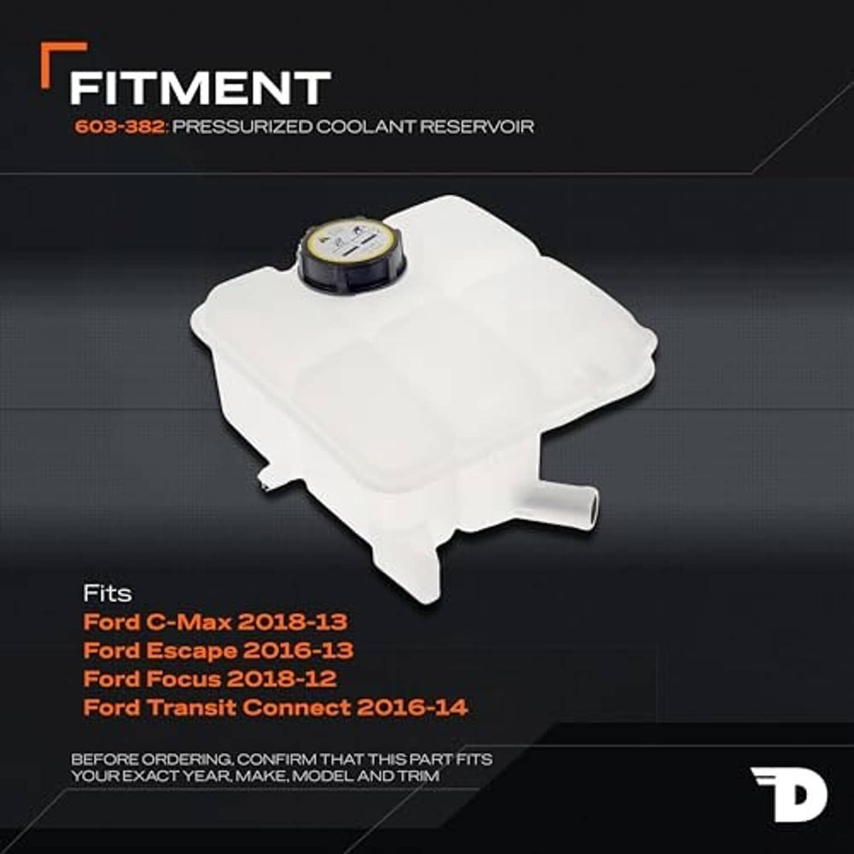 Pressurized coolant reservoir with yellow-topped cap and side outlet tube, translucent white