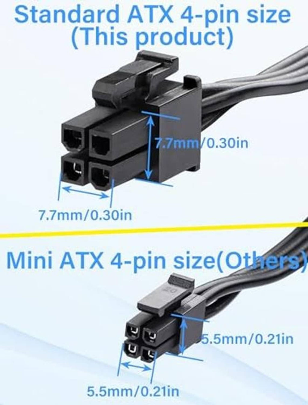 ATX 4-pin connector size dimensions shown, 7.7mm spacing on the plug