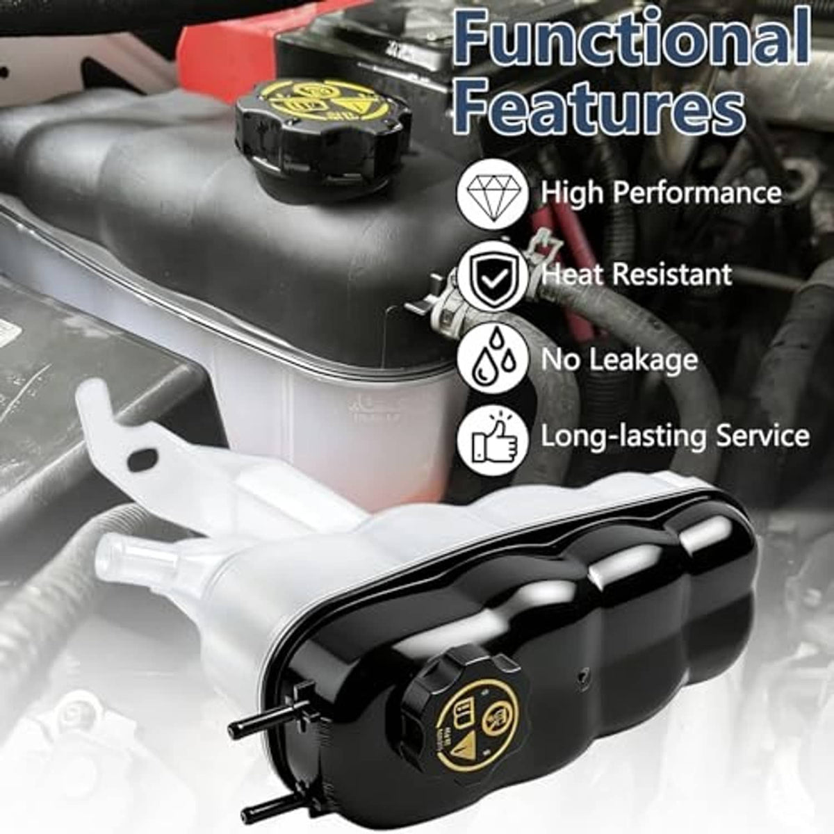 Engine coolant reservoir tank with black cap and translucent body on engine bay