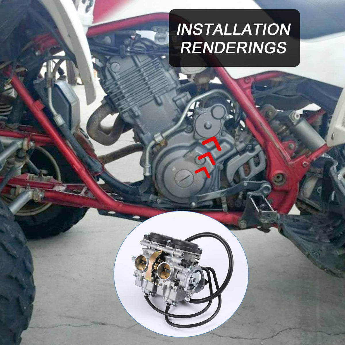 Carburetor assembly installed on engine with black air and fuel hoses