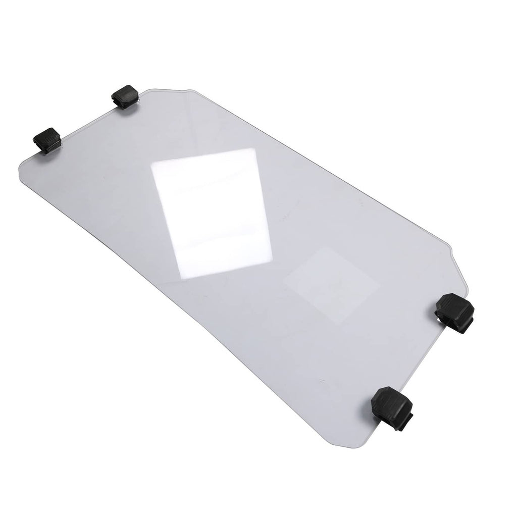 Clear windshield panel with black corner mounts and beveled edges