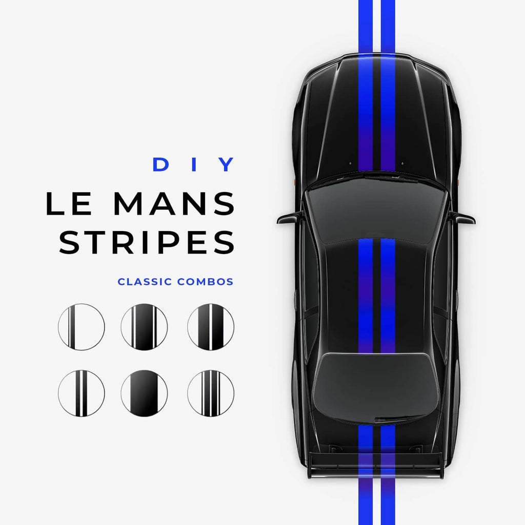 Blue holographic pinstripe striping on black vehicle, vertical stripe detail