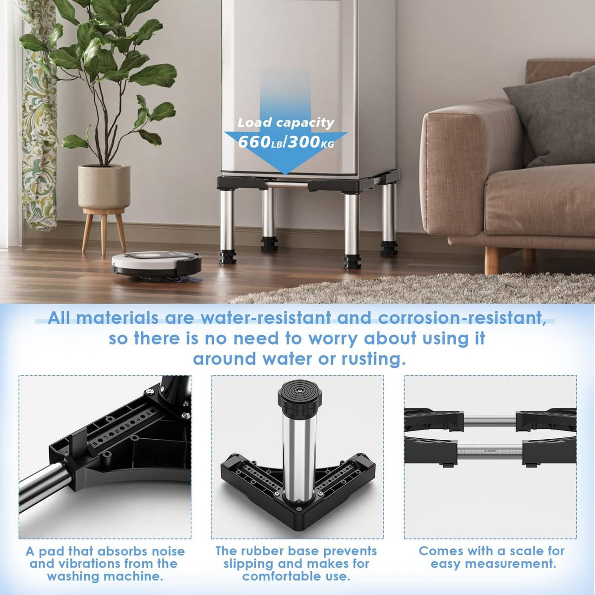 Mini fridge stand under appliance with black rubber base pads and four leveling legs