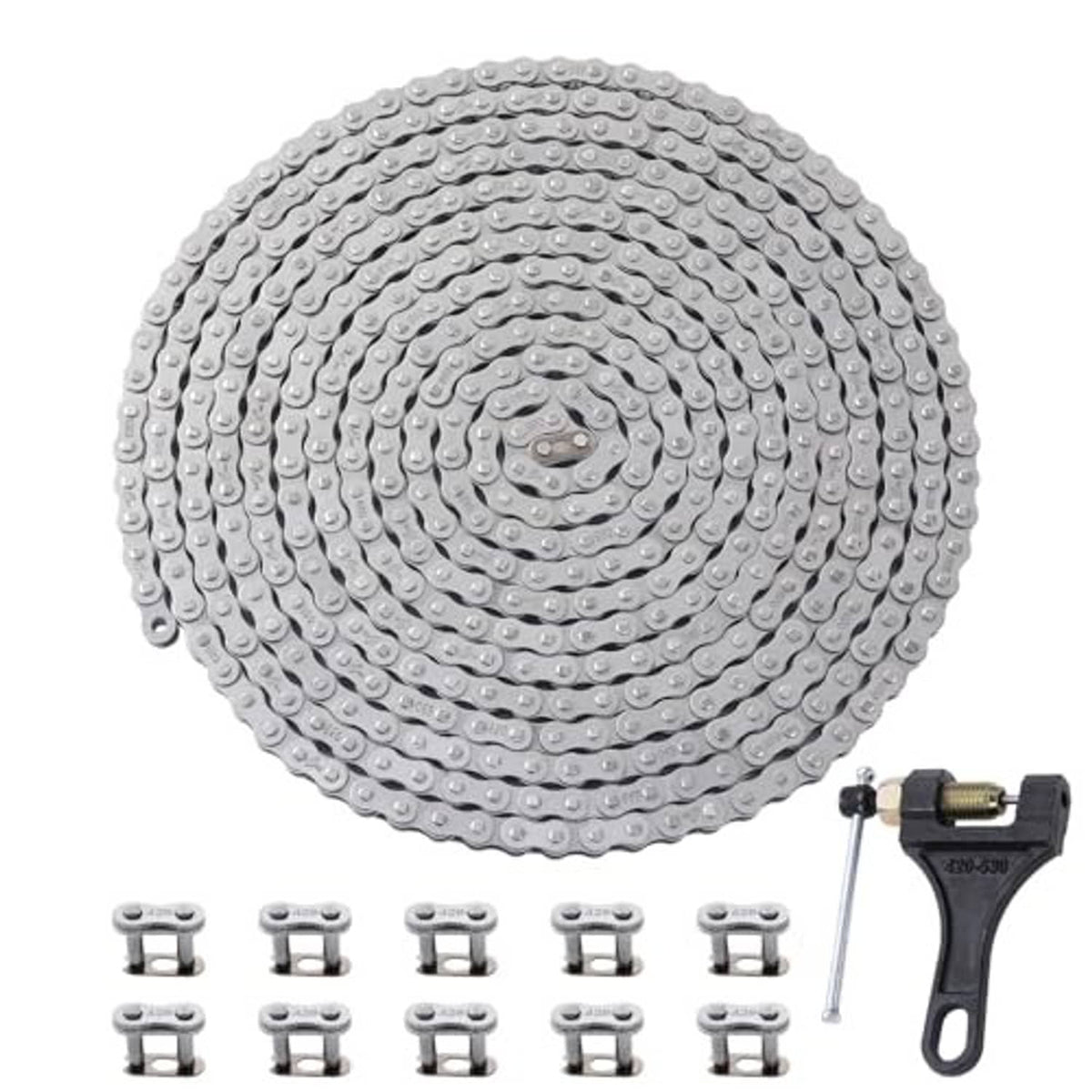 Roller chain coil with chain breaker handle tool and master link clips, silver