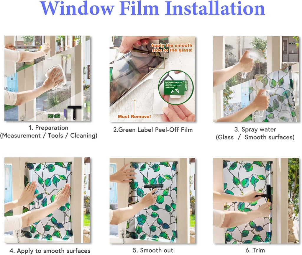 Window film installation instructions graphic showing apply, smooth, and trim steps.