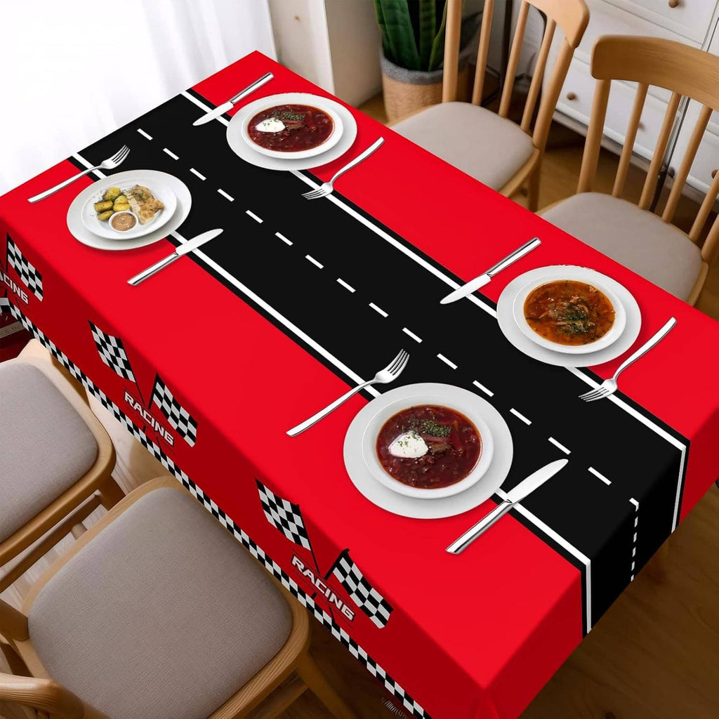 Racing car tablecloth with black road stripe, red sides, and checkered racing details