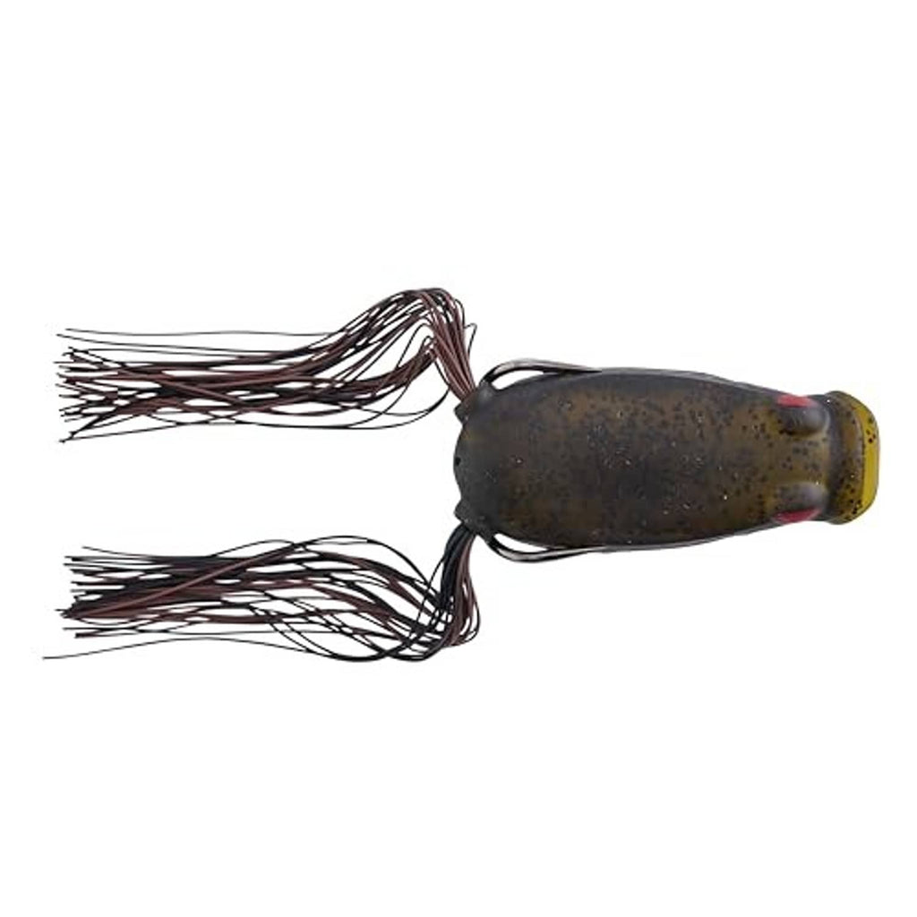 Side view frog popping lure with dark olive body and yellow belly, with trailing skirt strands