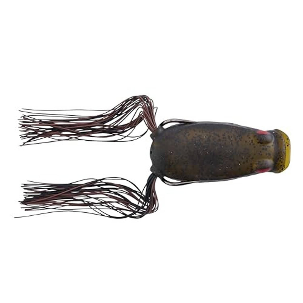 Side view frog popping lure with dark olive body and yellow belly, with trailing skirt strands