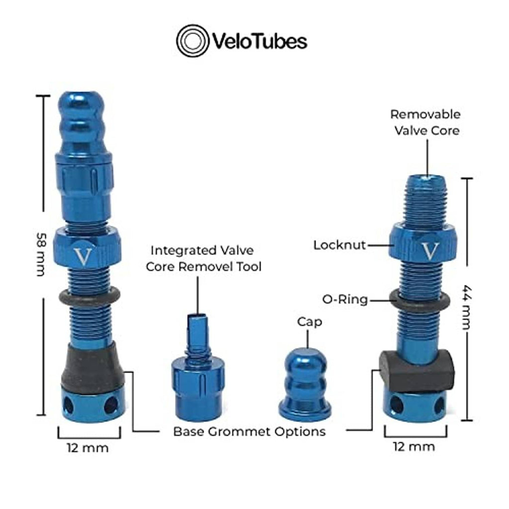 Blue tubeless Schrader valve assembly with integrated core removal tool, cap, and locknut