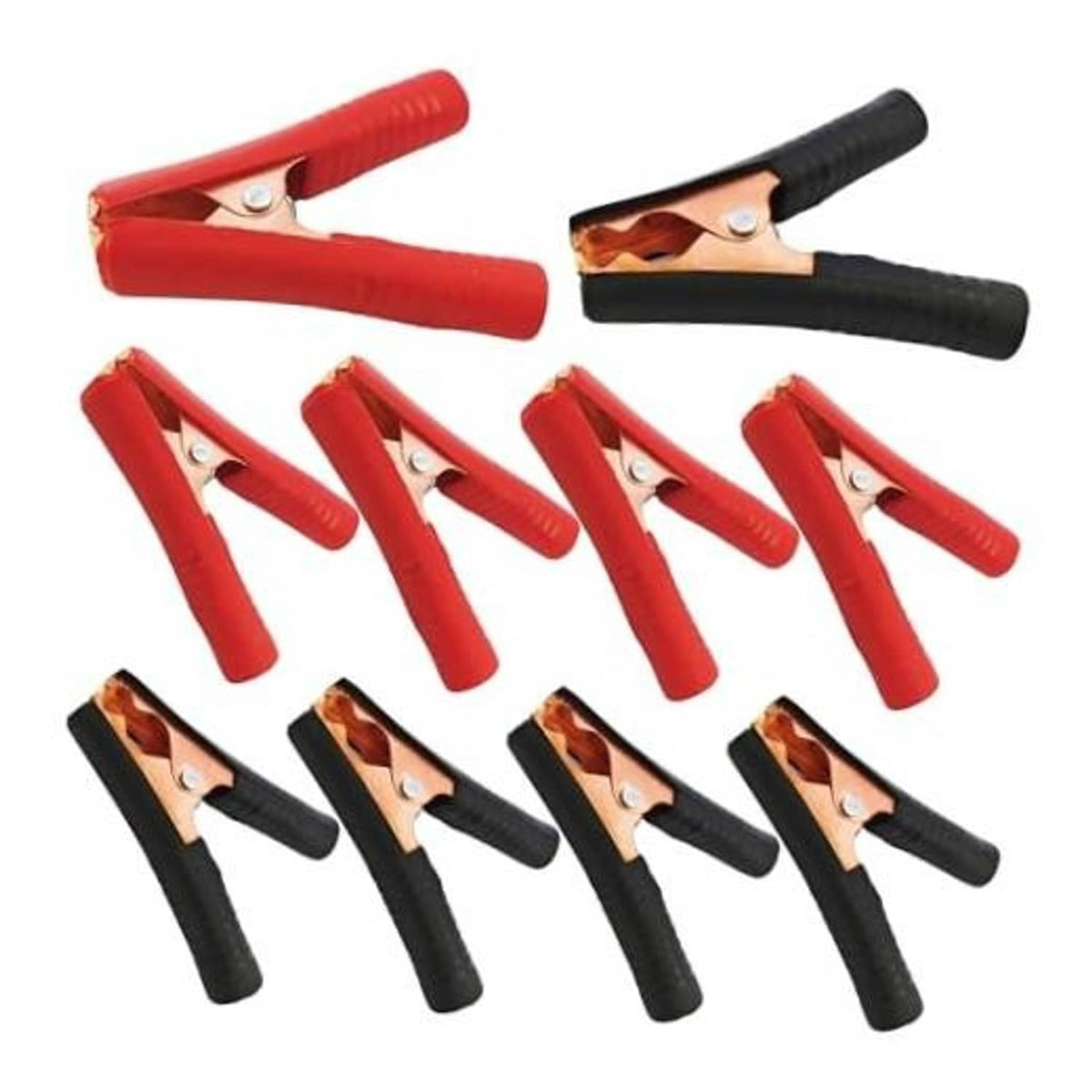 Set of insulated alligator clips with red and black grips, copper metal jaws