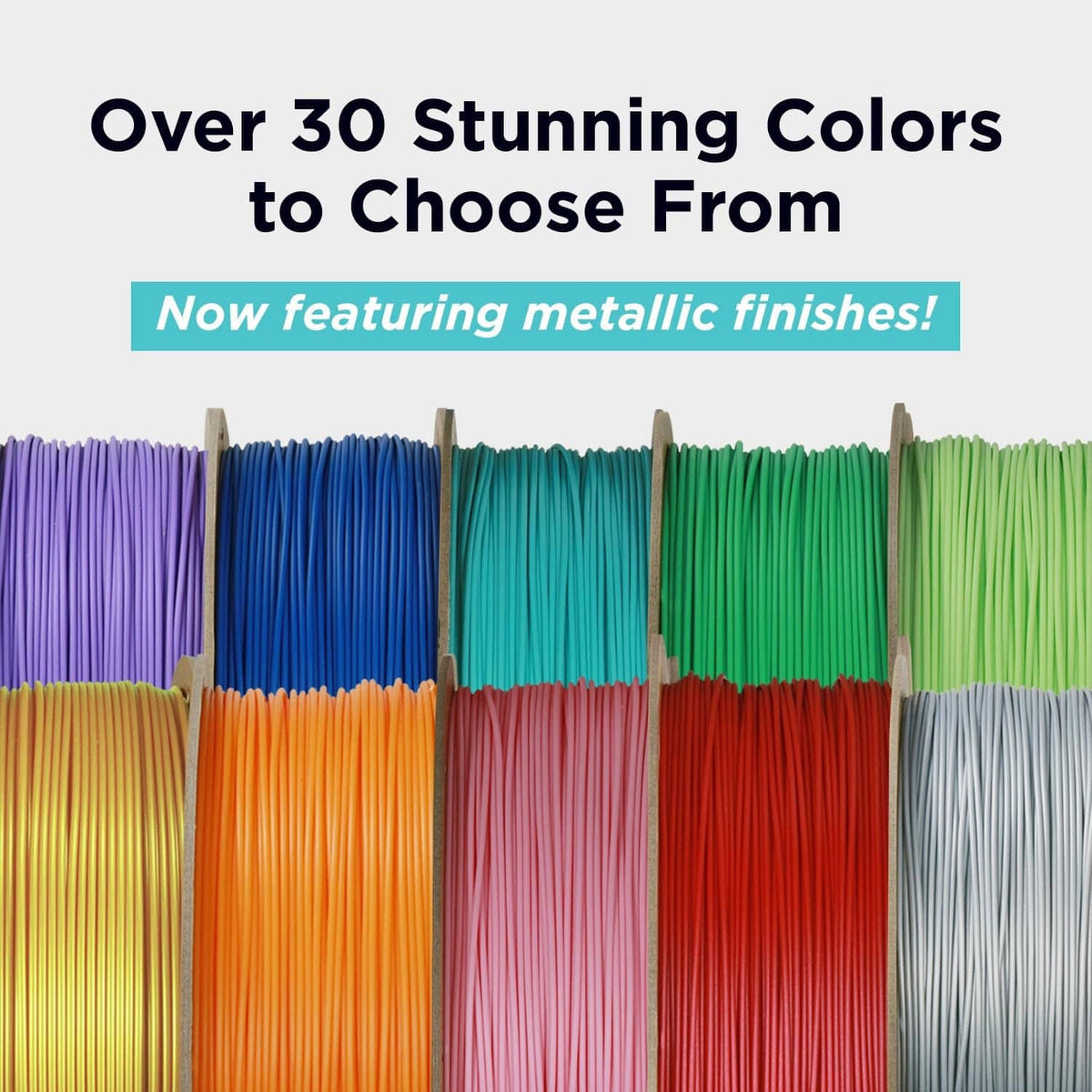 Assorted PLA filament spools on pegs, showing many color shades