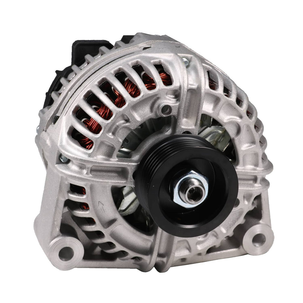 Engine alternator front with black pulley hub and vented silver body