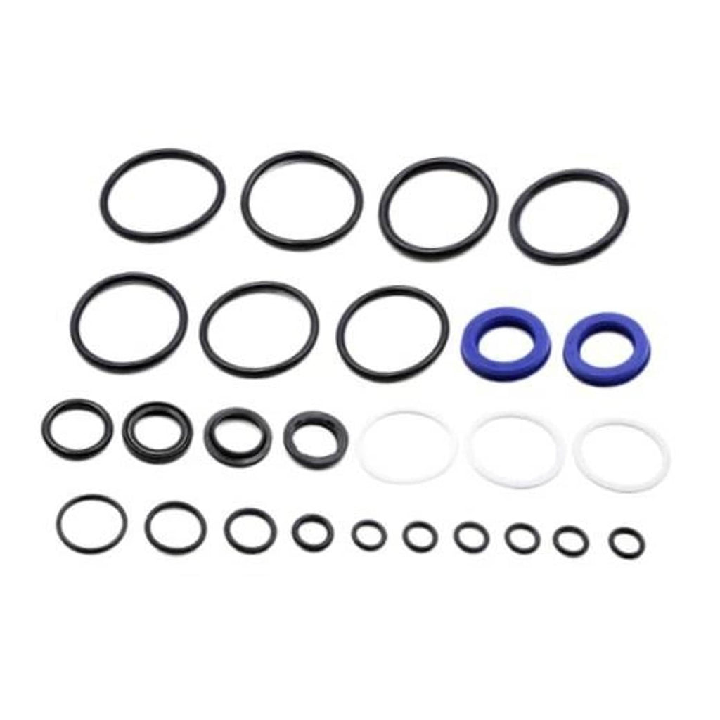 Tilt trim seal kit with assorted black, white, and blue O-rings and flat seals
