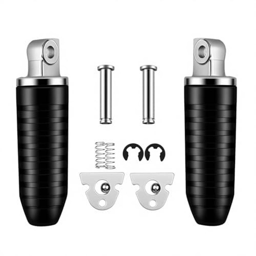 Black folding rear foot pegs kit with silver mounts; 2 pegs plus mounting hardware