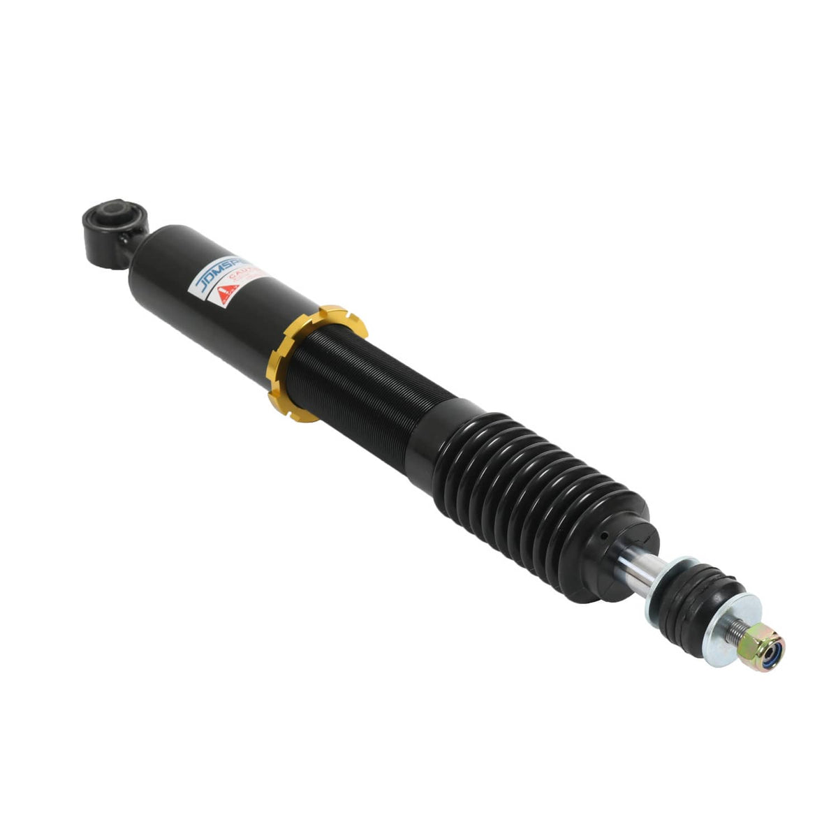 Coilover strut shock with black body, red coil spring, and top reservoir label