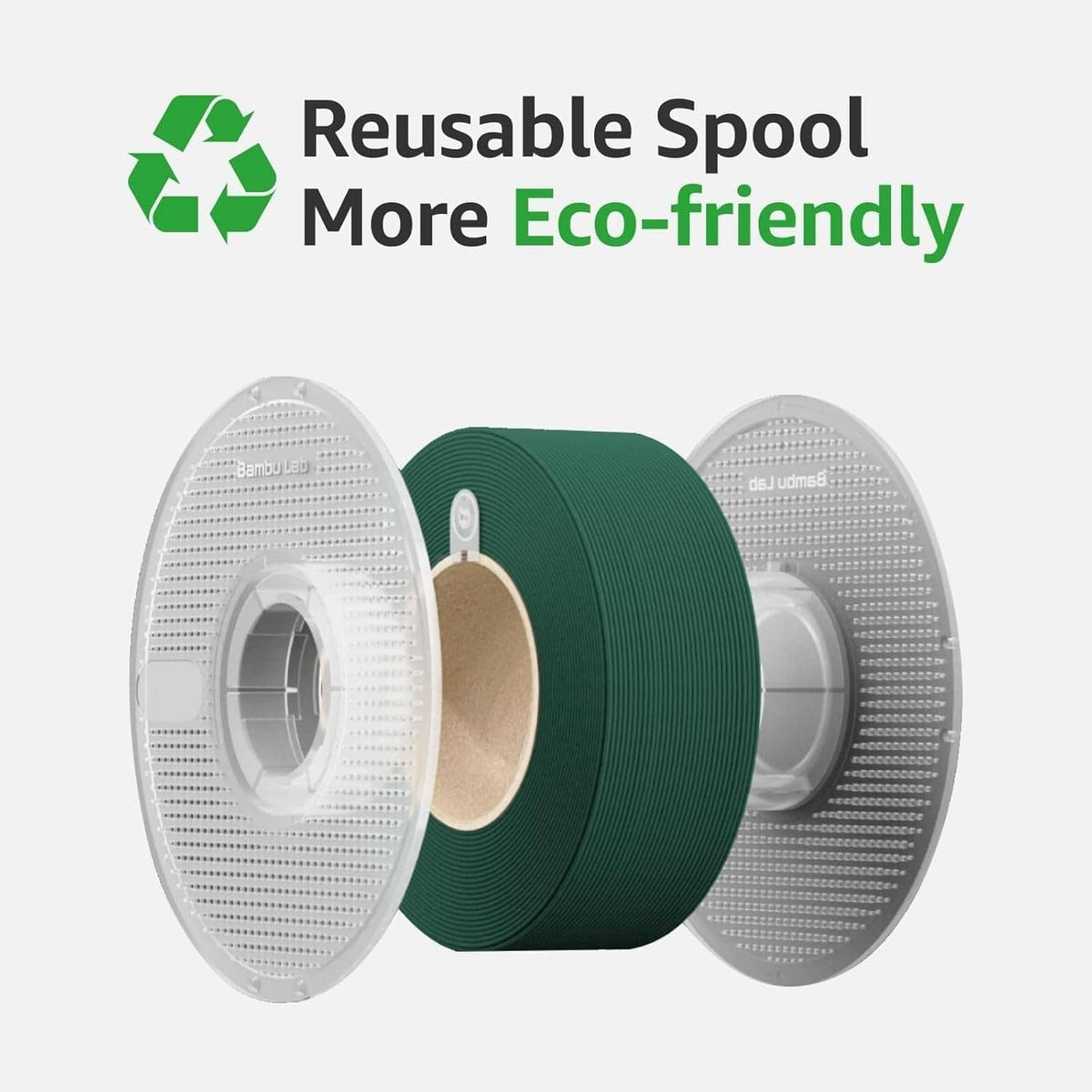 Reusable spool showing green PLA filament wound around a transparent reel core
