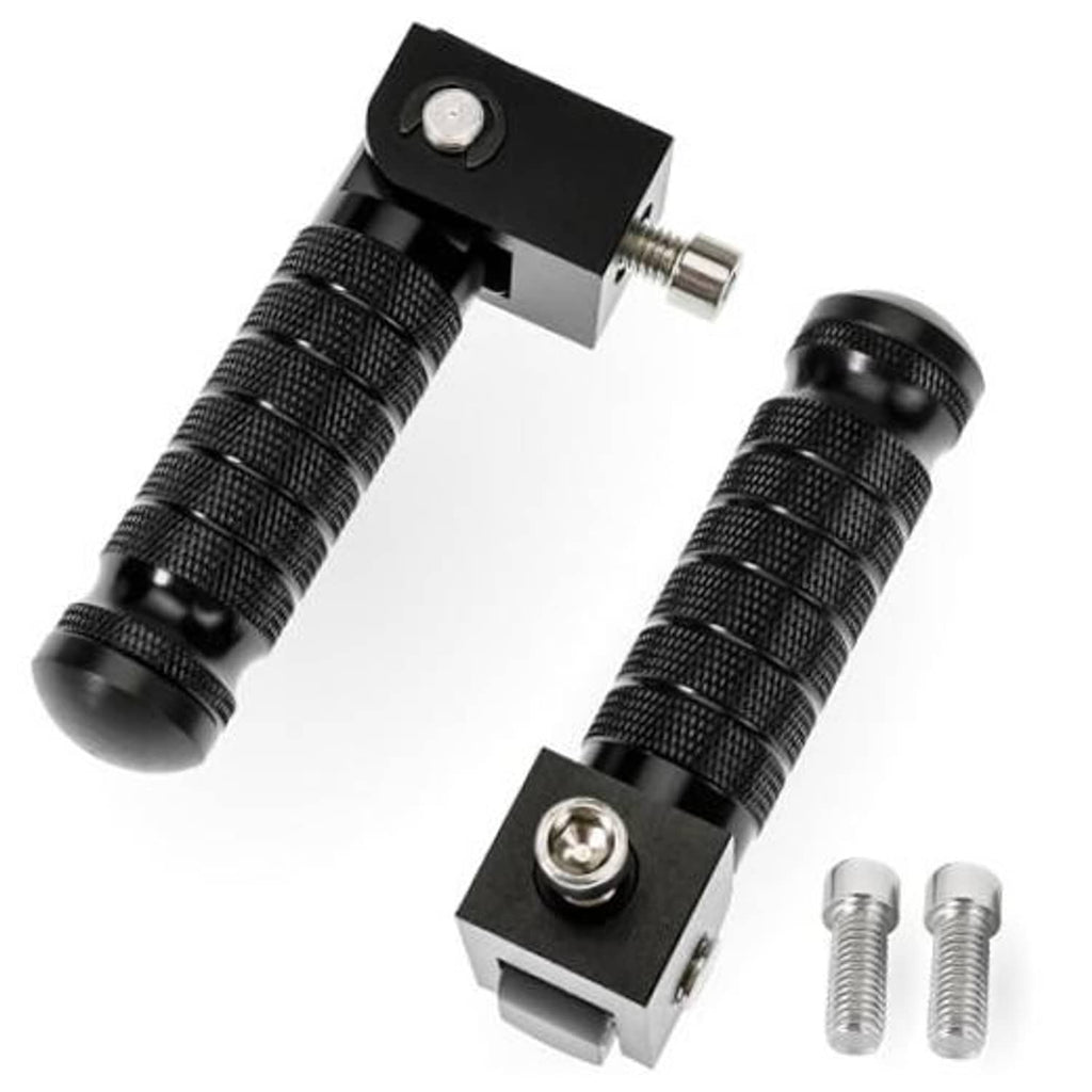 Black foldable motorcycle foot pegs with knurled grips and mounting bolts, 2-pack