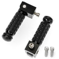 Black foldable motorcycle foot pegs with knurled grips and mounting bolts, 2-pack