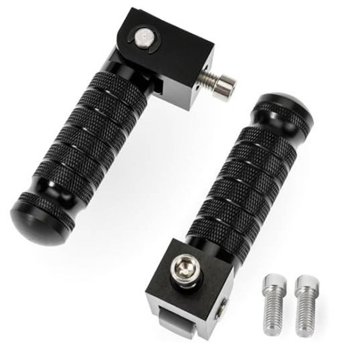 Black foldable motorcycle foot pegs with knurled grips and mounting bolts, 2-pack