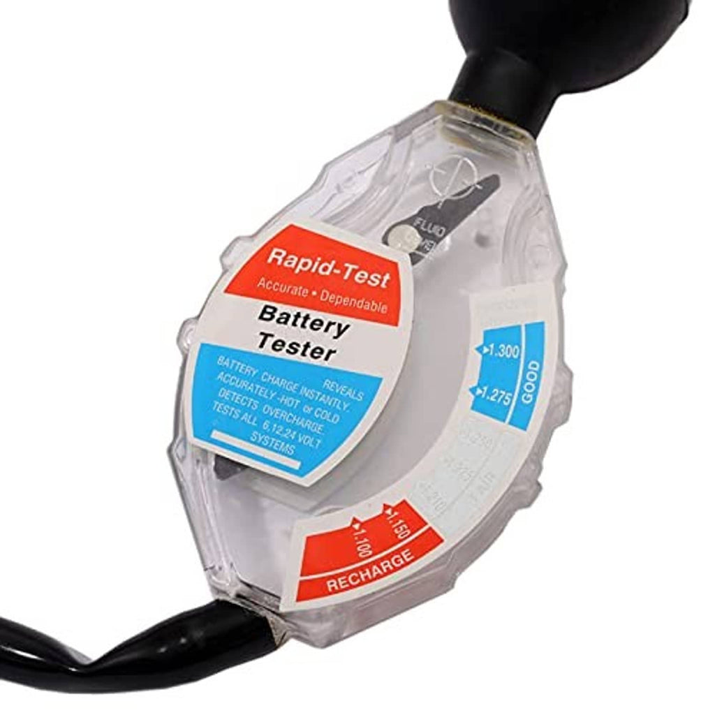 Battery hydrometer tester close-up with clear faceplate and blue/red recharge markings
