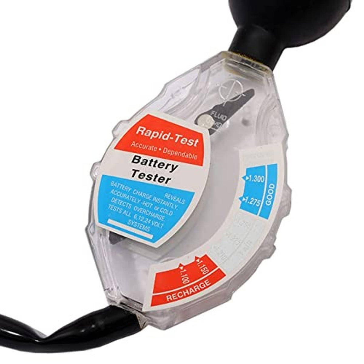 Battery hydrometer tester close-up with clear faceplate and blue/red recharge markings