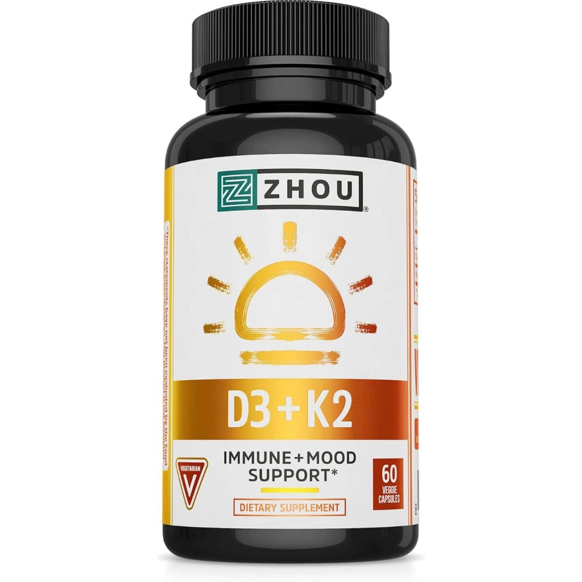 Zhou D3 + K2 supplement bottle front view, black cap, yellow label