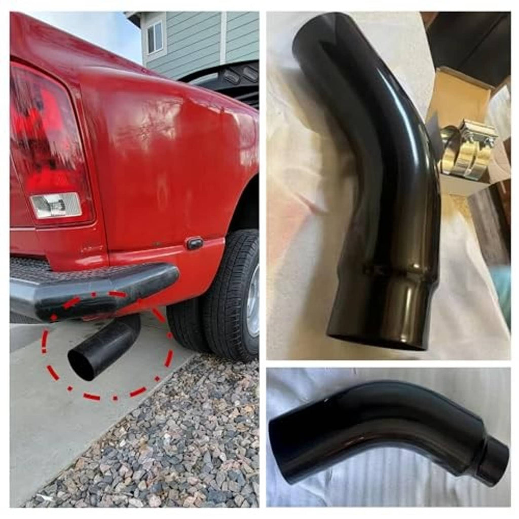 Black exhaust elbow shown in installed position, curved outlet pipe with clamp