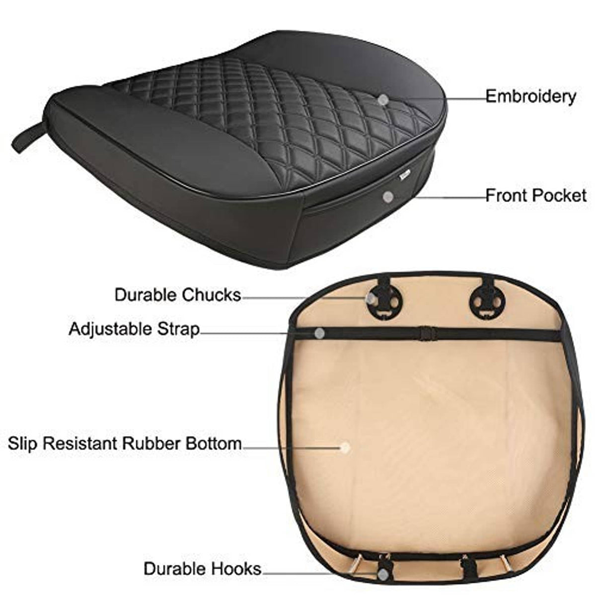 Black quilted seat cover with front pocket, adjustable strap, and hooks