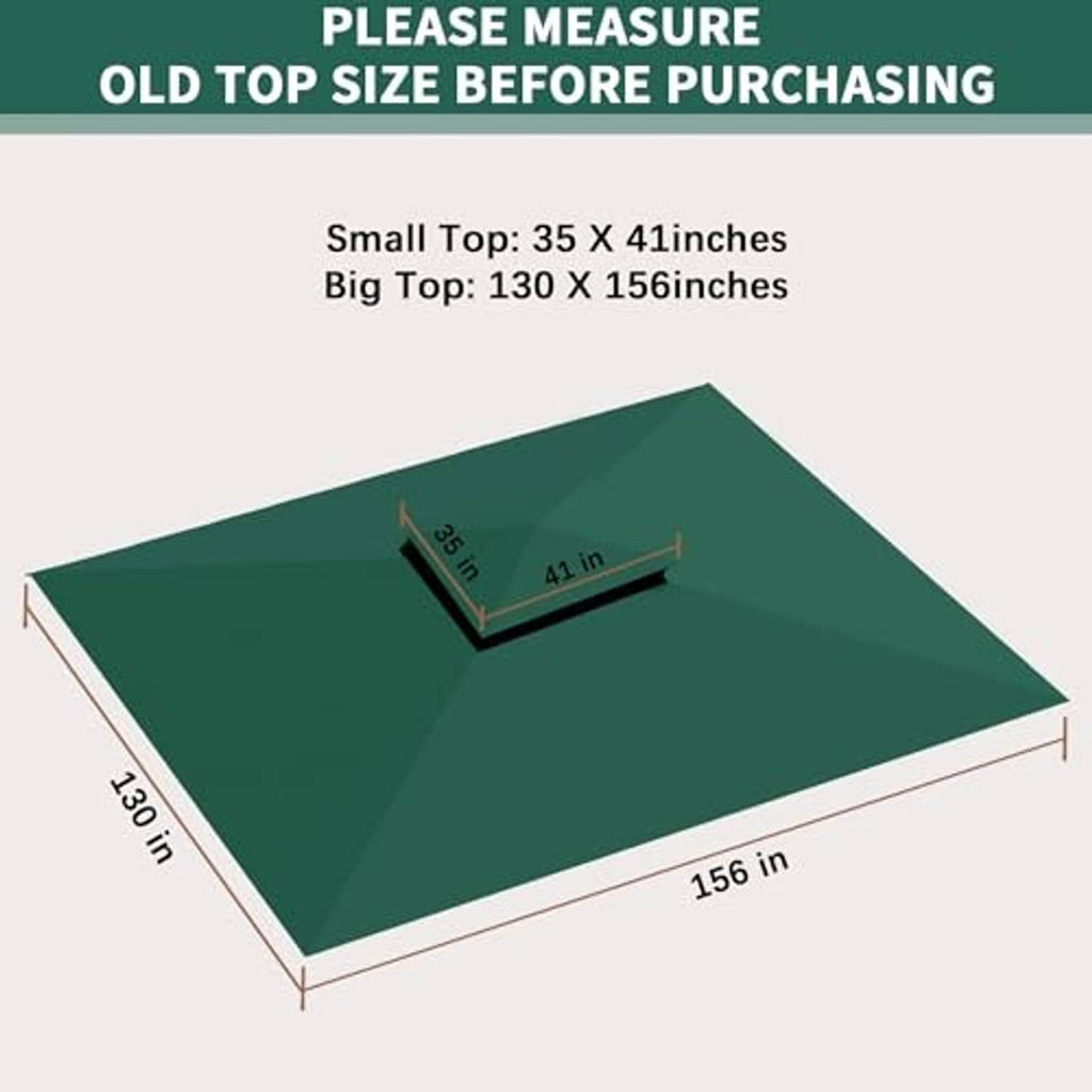 Forest green canopy top size diagram with dimensions for small and big tops