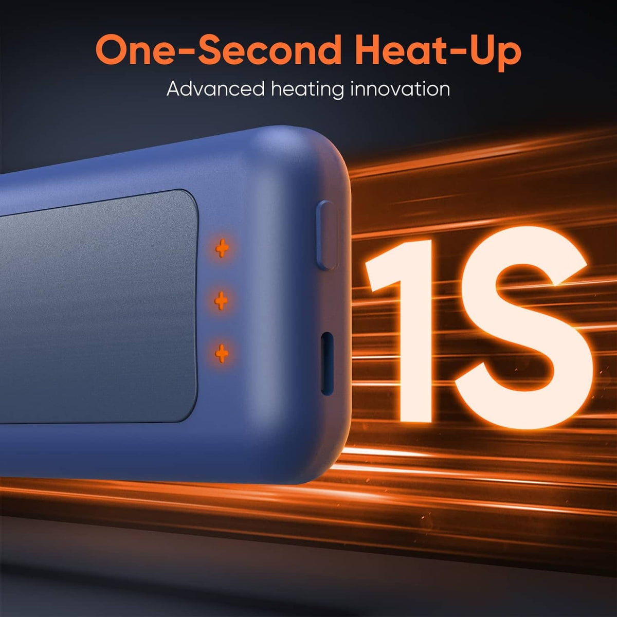 Rechargeable hand warmer, navy blue, side view with bright orange glowing heat panel.