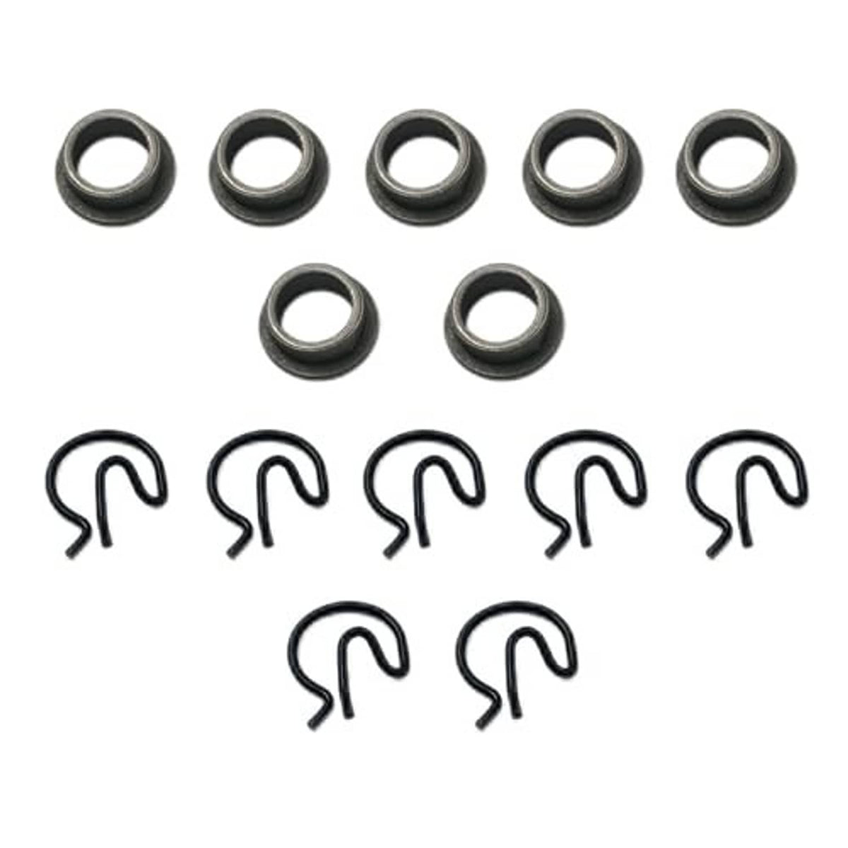 Shifter bushing pit pack: dark steel cup rings and matching U-shaped spring clips