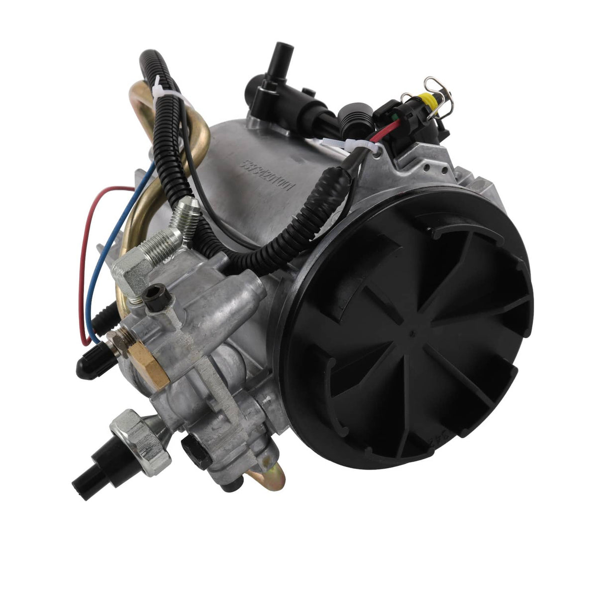 Fuel filter housing assembly with black housing, metal bracket, and electrical connectors