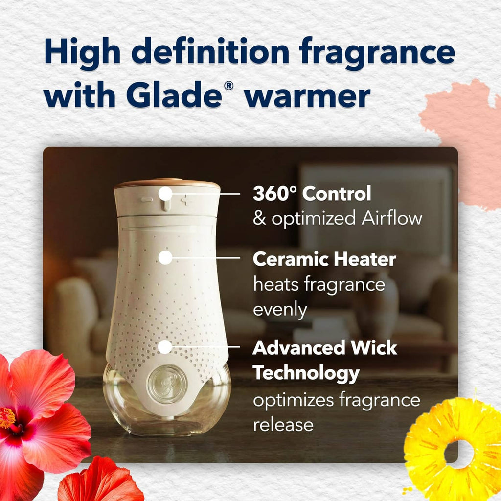 Glade warmer device graphic with ceramic heater, advanced wick, 360° airflow