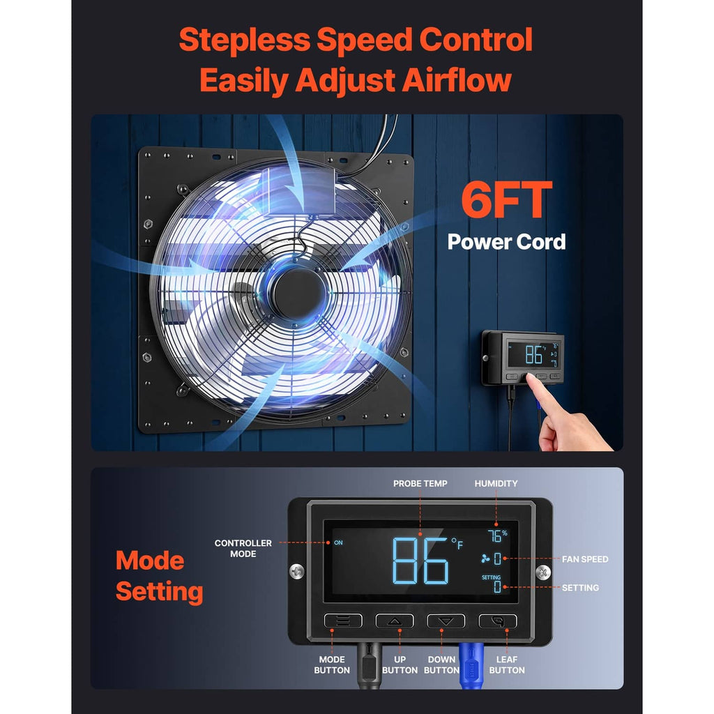 Wall-mounted exhaust fan with front grille fan and connected controller panel, black housing