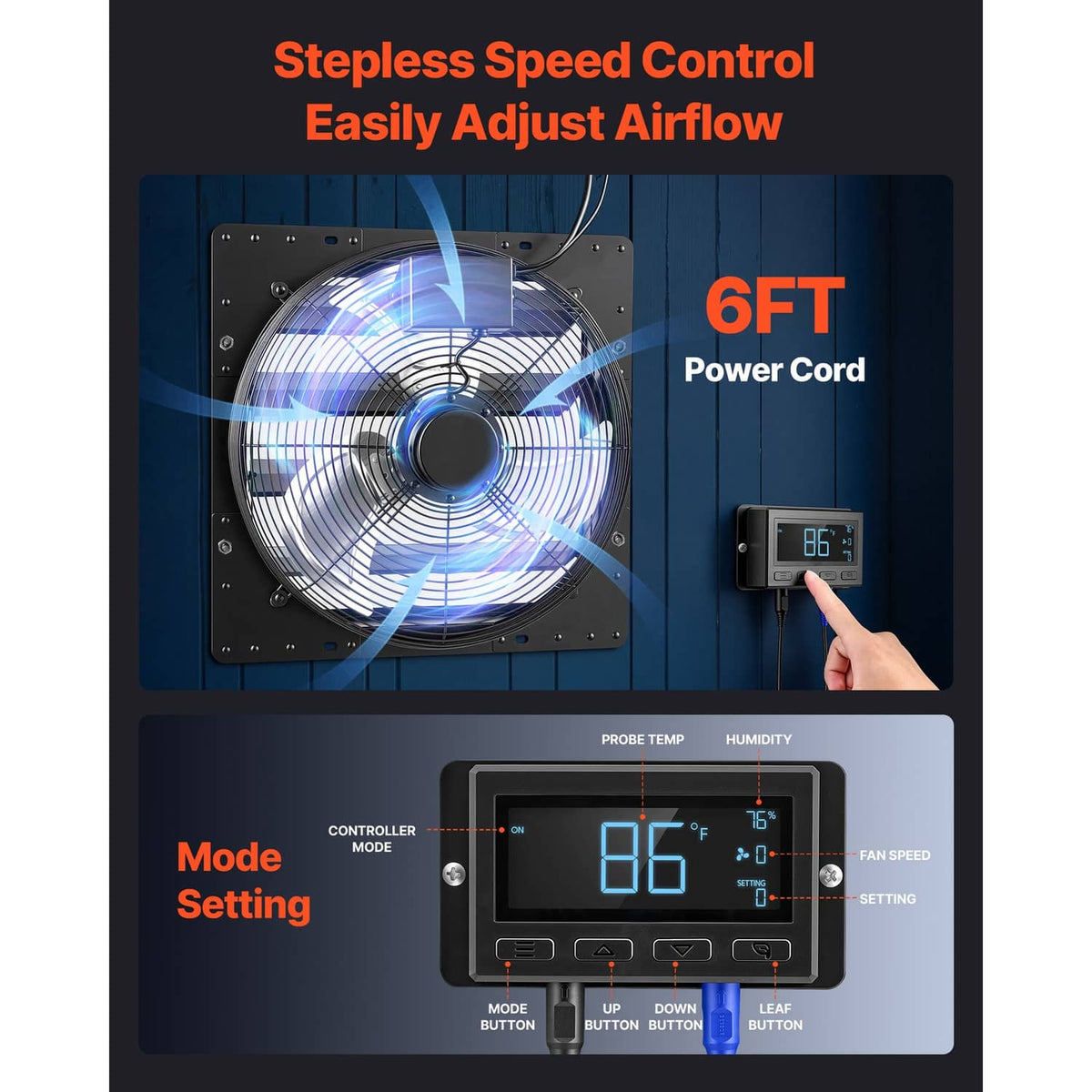 Wall-mounted exhaust fan with front grille fan and connected controller panel, black housing