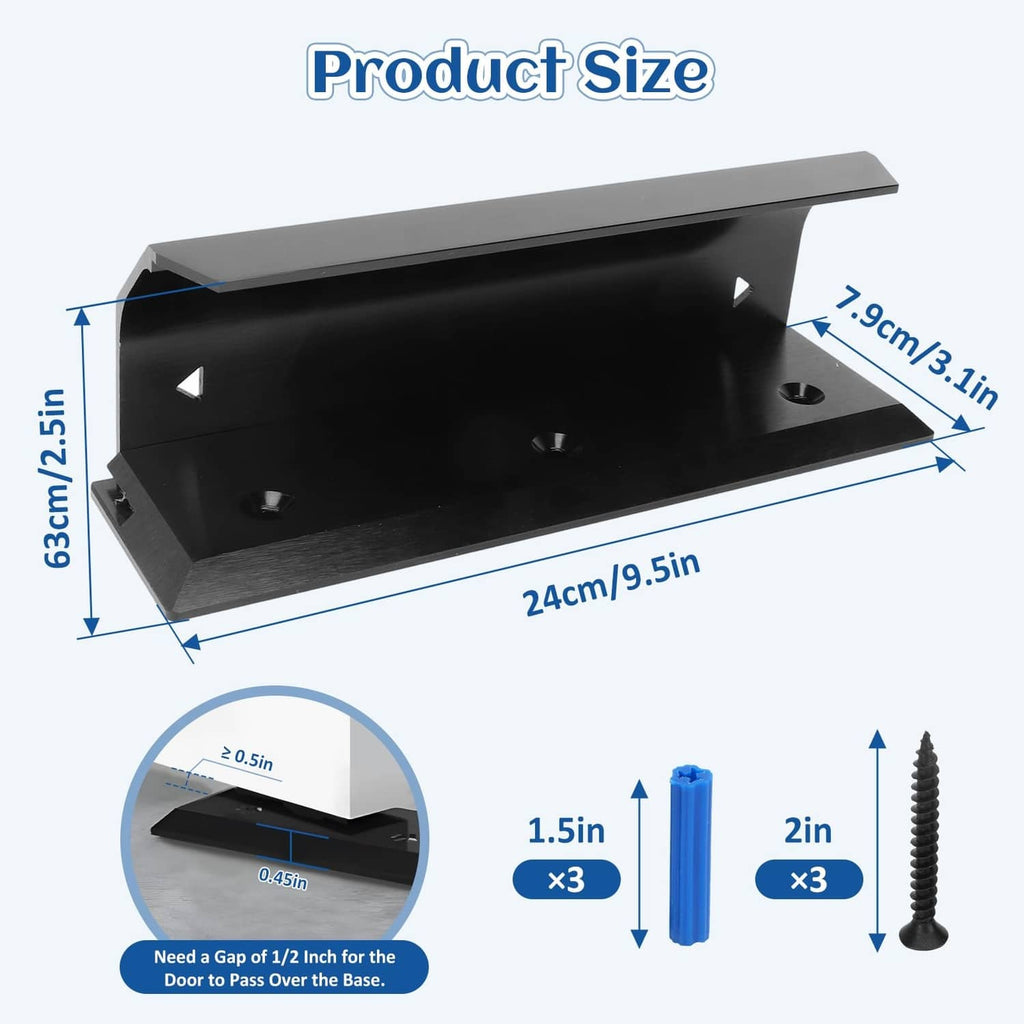 Black aluminum door lock barricade brace with open channel and mounting screw holes