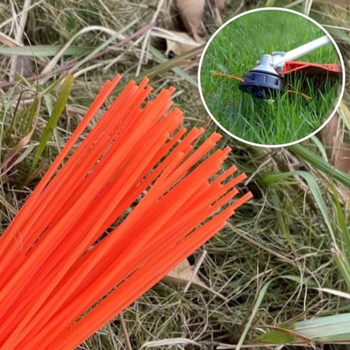Orange precut string trimmer line on grass, bundle with cut ends