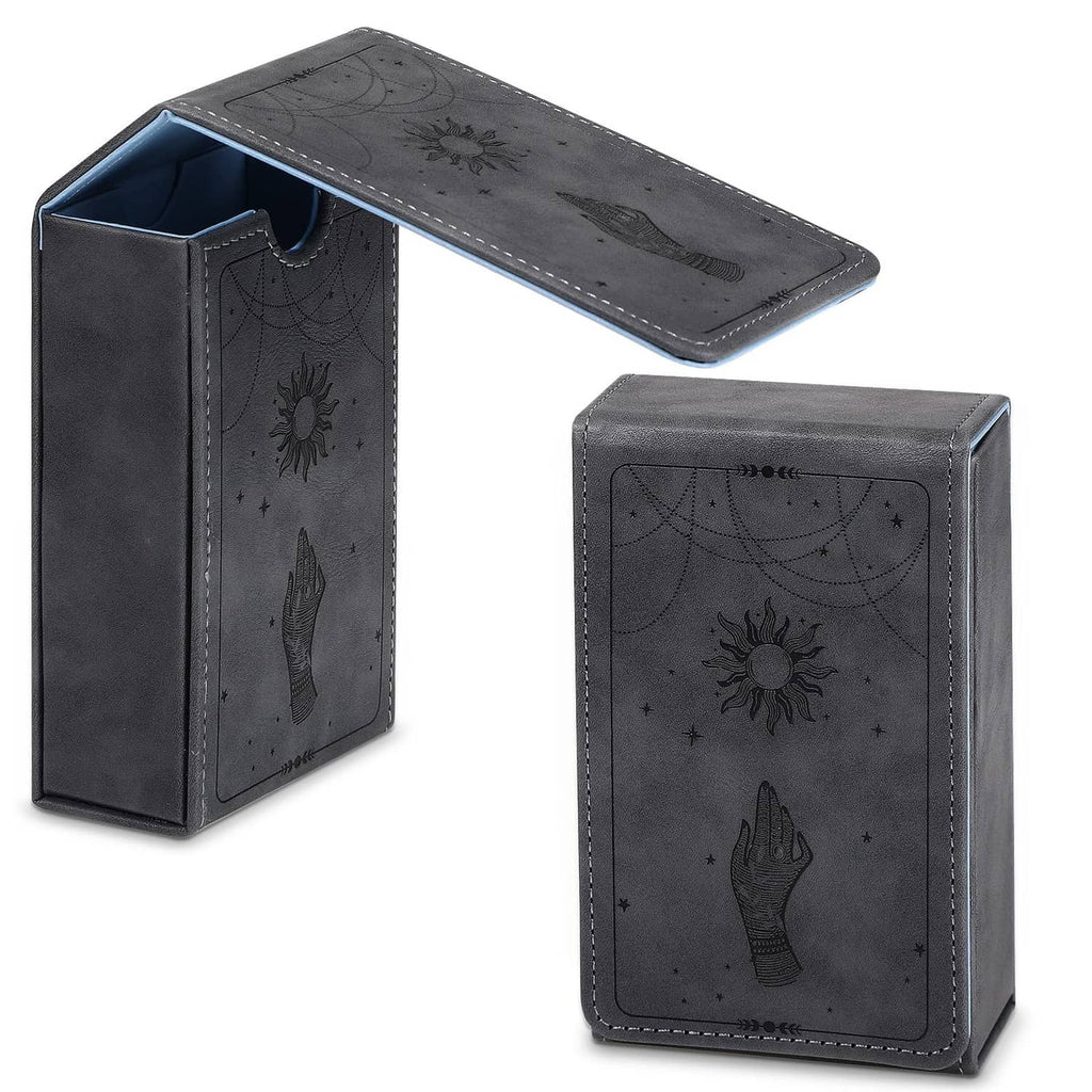 Grey PU leather tarot card case with moon and gothic celestial design, snap closure