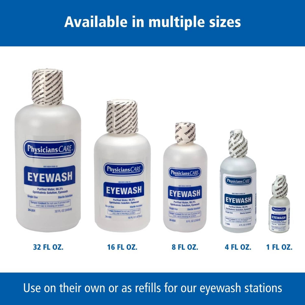 Set of PhysiciansCare Eyewash bottles in multiple sizes