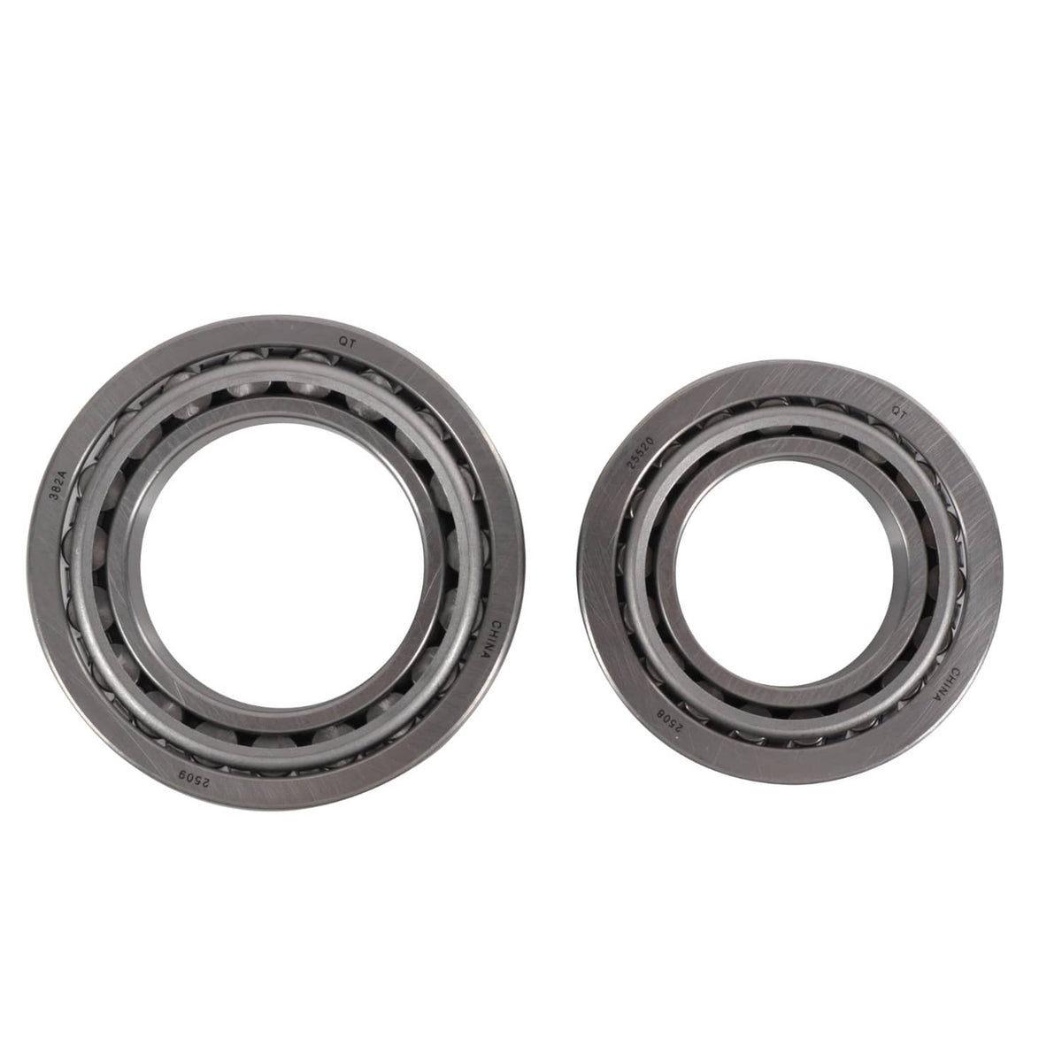 Trailer bearing kit: two tapered roller bearings angled view, showing inner rings and roller cages