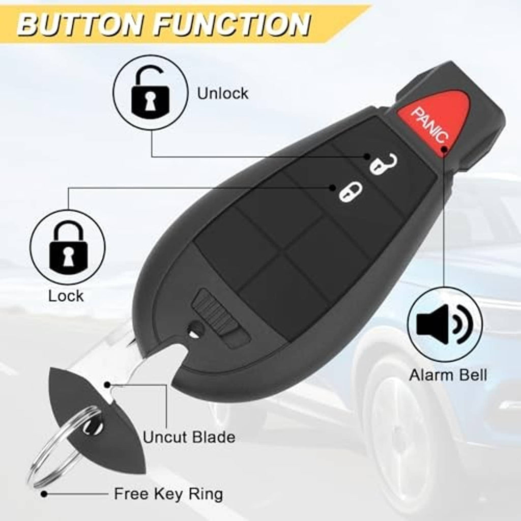 Black key fob with red PANIC button, unlock and lock icons, and key ring loop