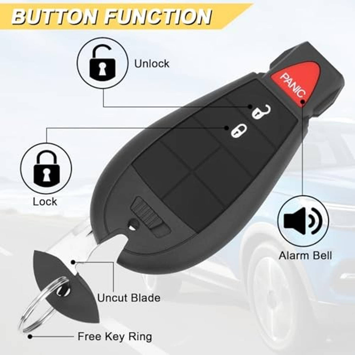 Black key fob with red PANIC button, unlock and lock icons, and key ring loop