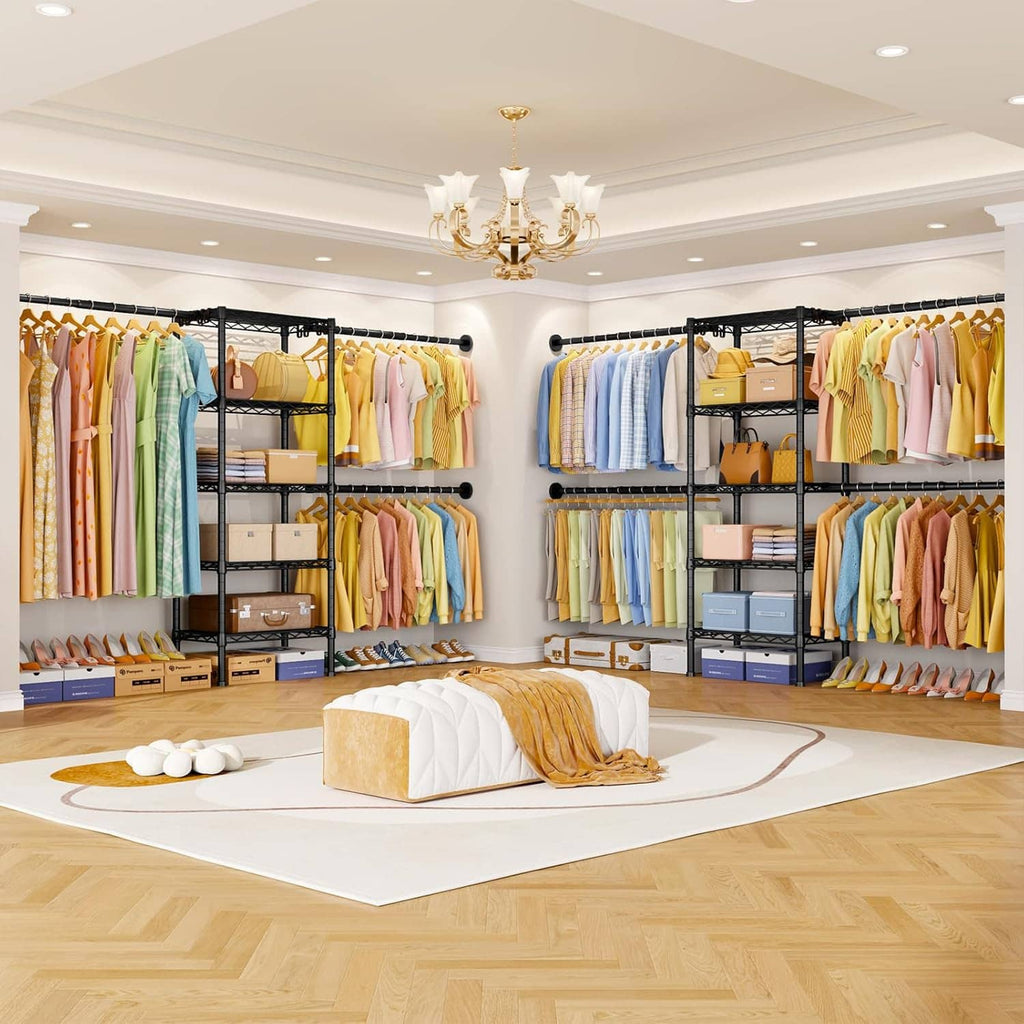 Wall-mounted black clothing rack system with multiple hanger rods and storage shelves.