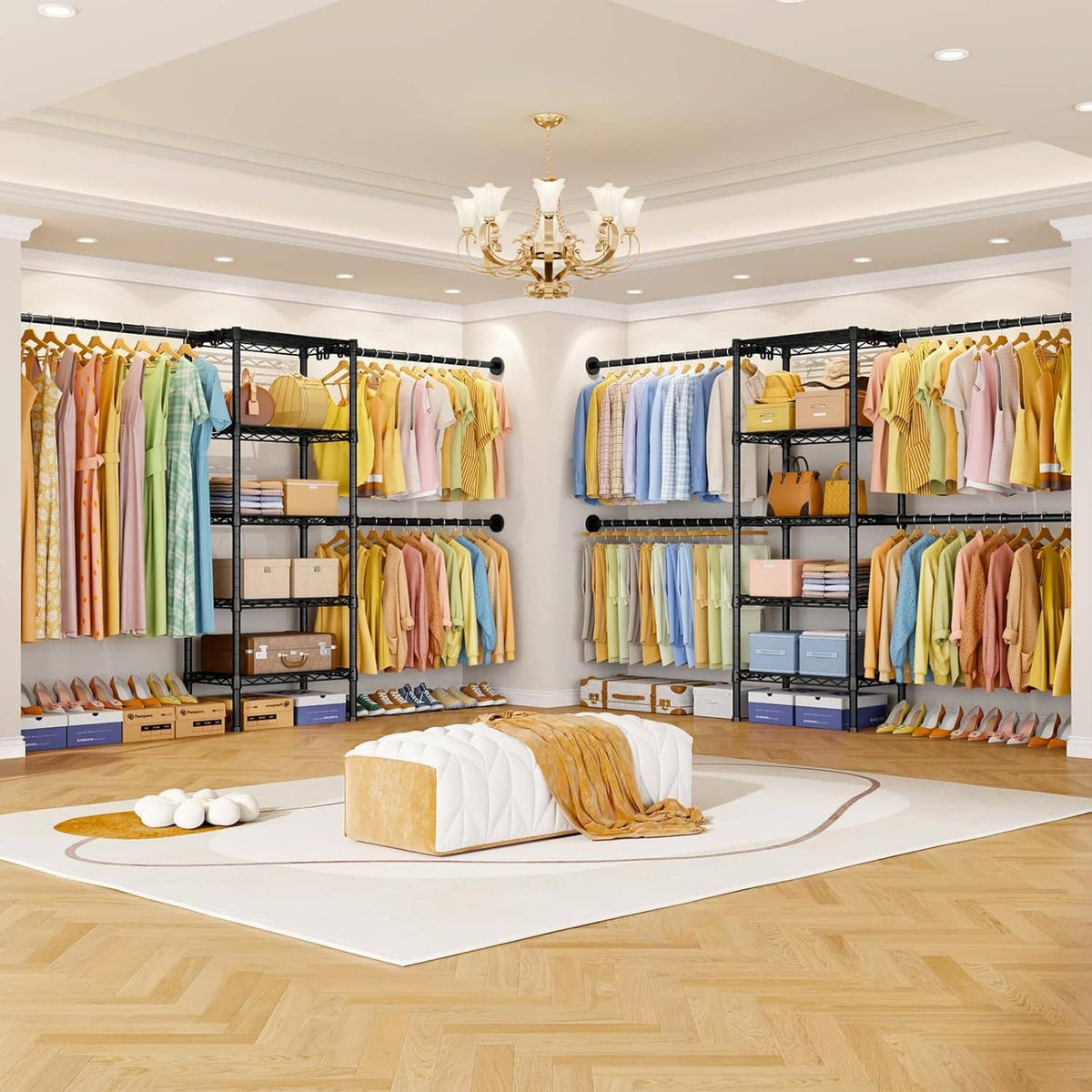 Wall-mounted black clothing rack system with multiple hanger rods and storage shelves.