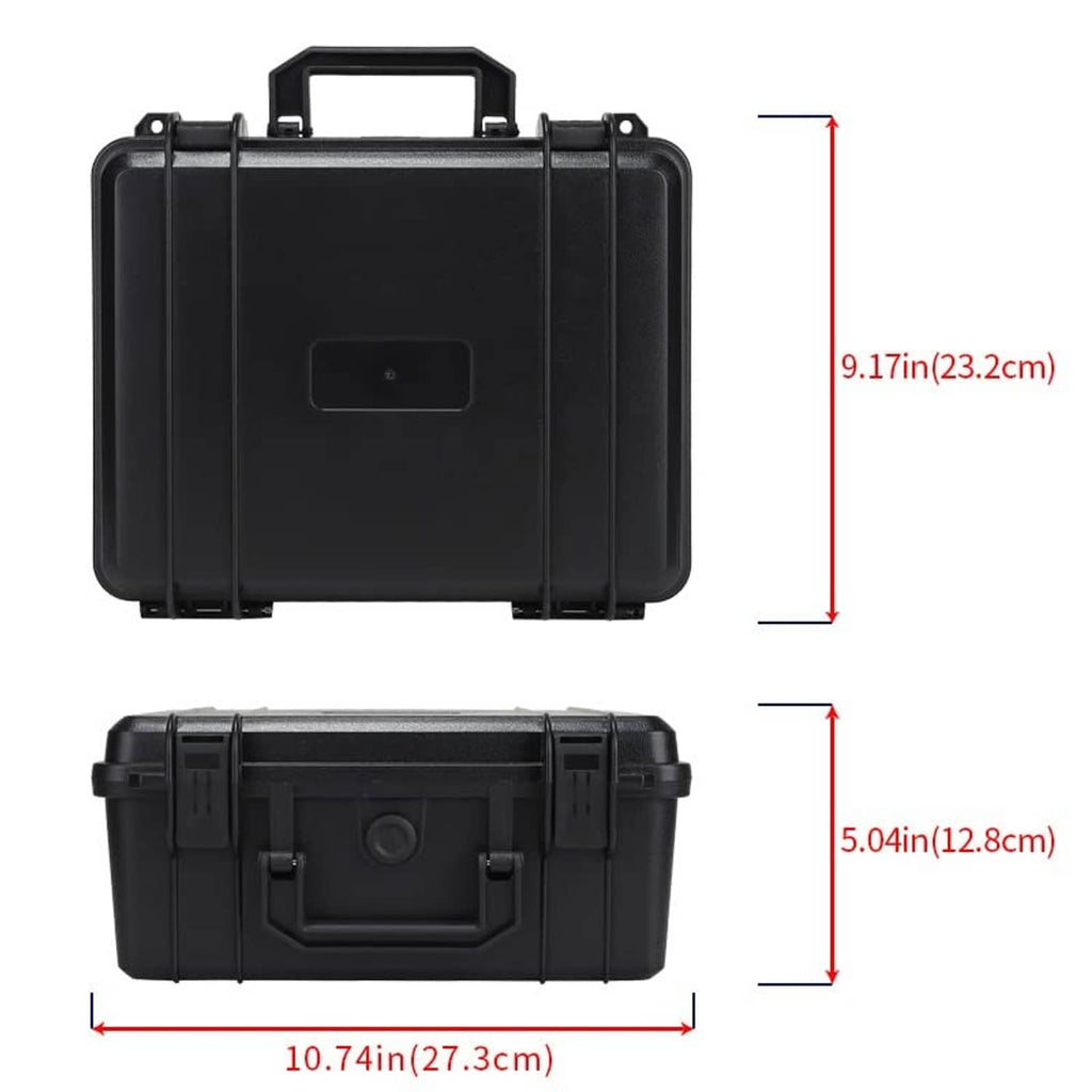 Front and back views of black waterproof hard case with handle and latch closures