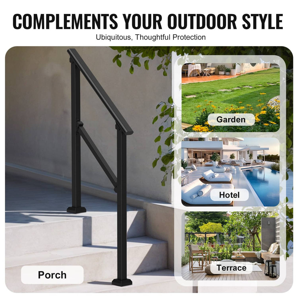 Black carbon steel outdoor stair handrail with diagonal support bars