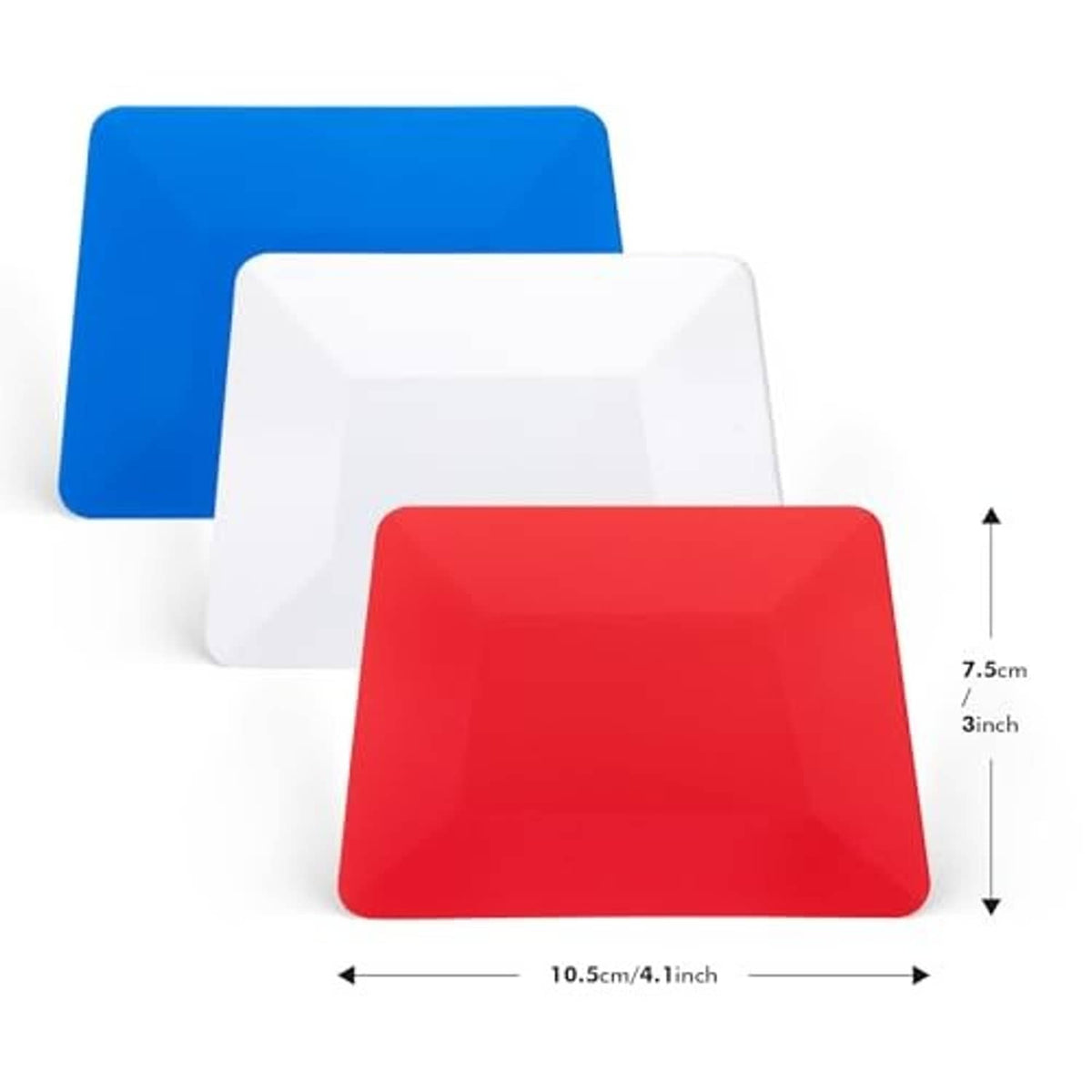 Three vinyl smoothing cards in blue, white, and red with size markings